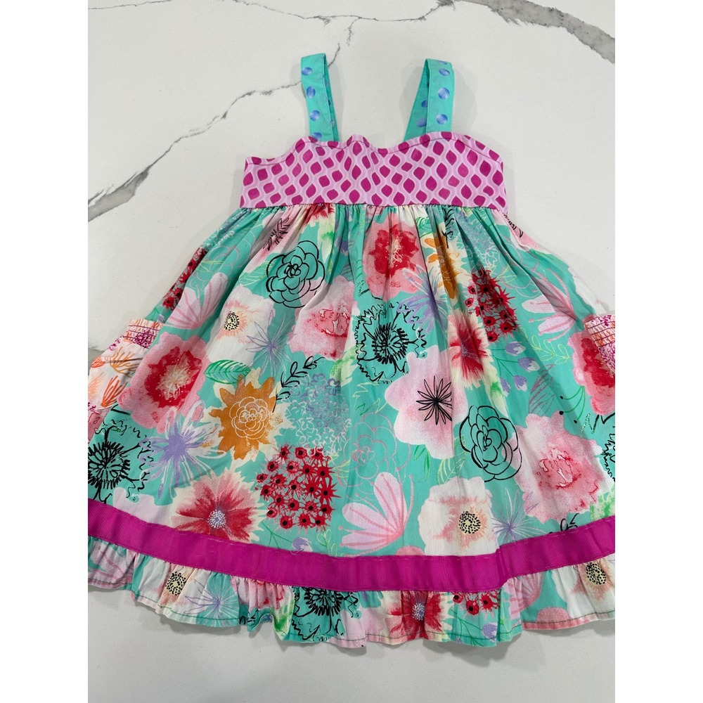 Matilda Jane Girls Floral Sun Dress Size 4 Teal Pink Ruffle Hem Smocked Back